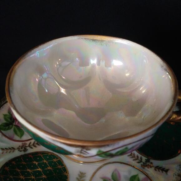Vintage Japan Lustre Ware Pedestal Cup n Saucer Pink Rose Green Panels Gold Trim - Picture 14 of 16
